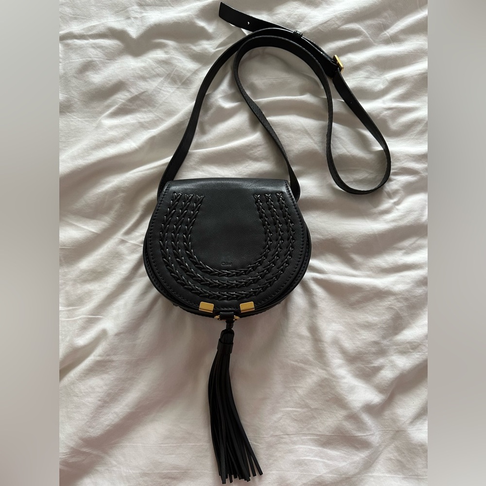 Chloé Marcie Tassel Crossbody Bag Whipstitch Leather Small Black